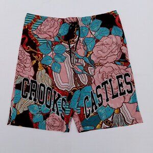 NWT Mens CROOKS & CASTLES Gym Shorts 3XL Pink Roses Turquoise Elastic Waist